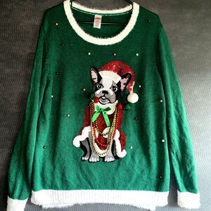 Holiday Time Ugly Sweater Womens Large Green Christmas Holiday French Bulldog
